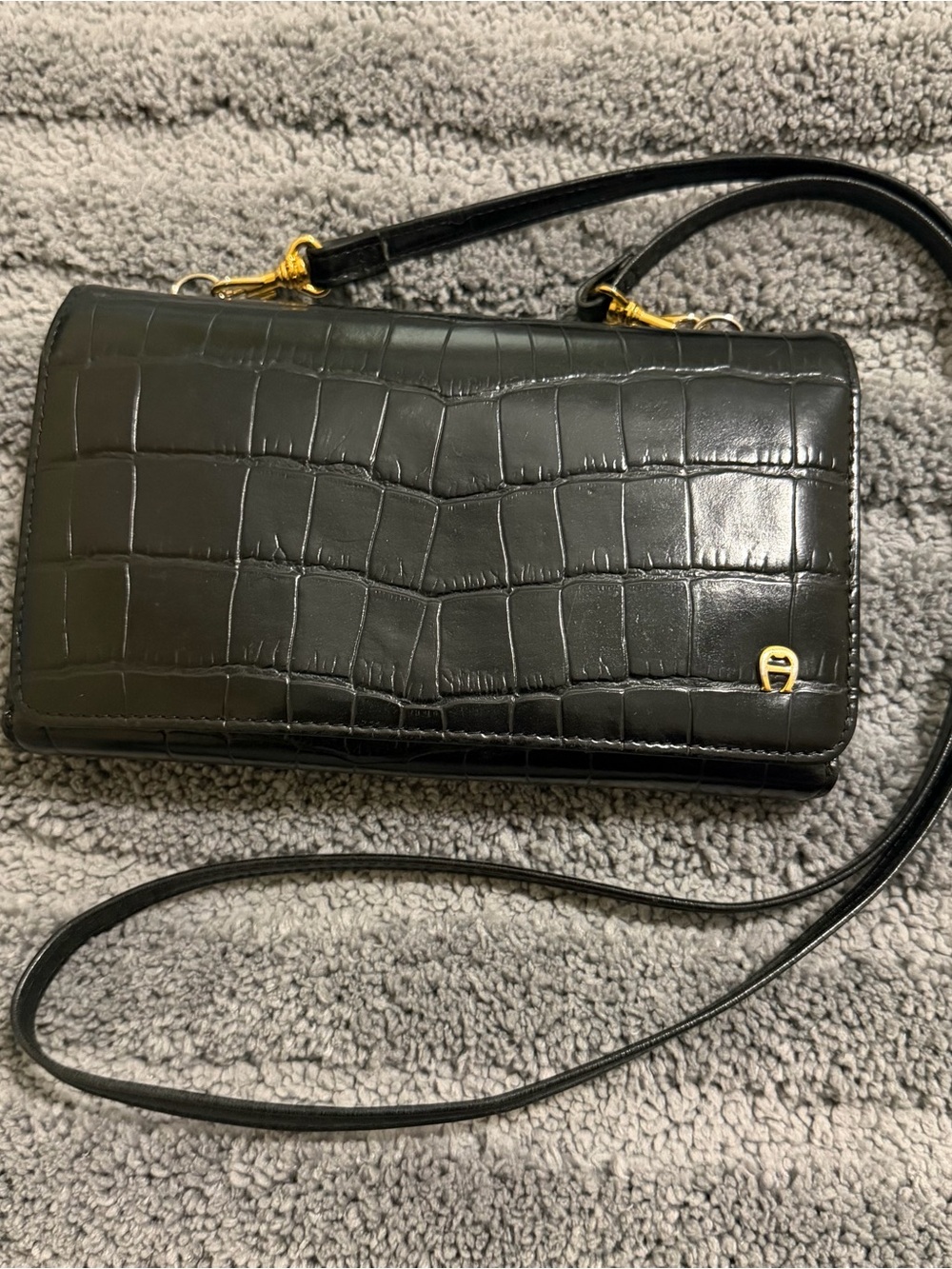 Aigner Black Croc-Embossed Crossbody/Clutch wallet with Gold Accent